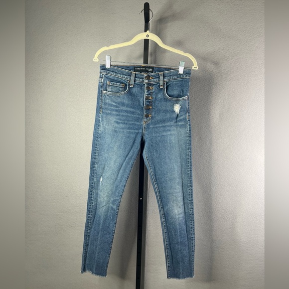 Veronica Beard Faye Skinny Button Fly Jeans Womens 27 Blue Hi Rise Distressed - Picture 1 of 12